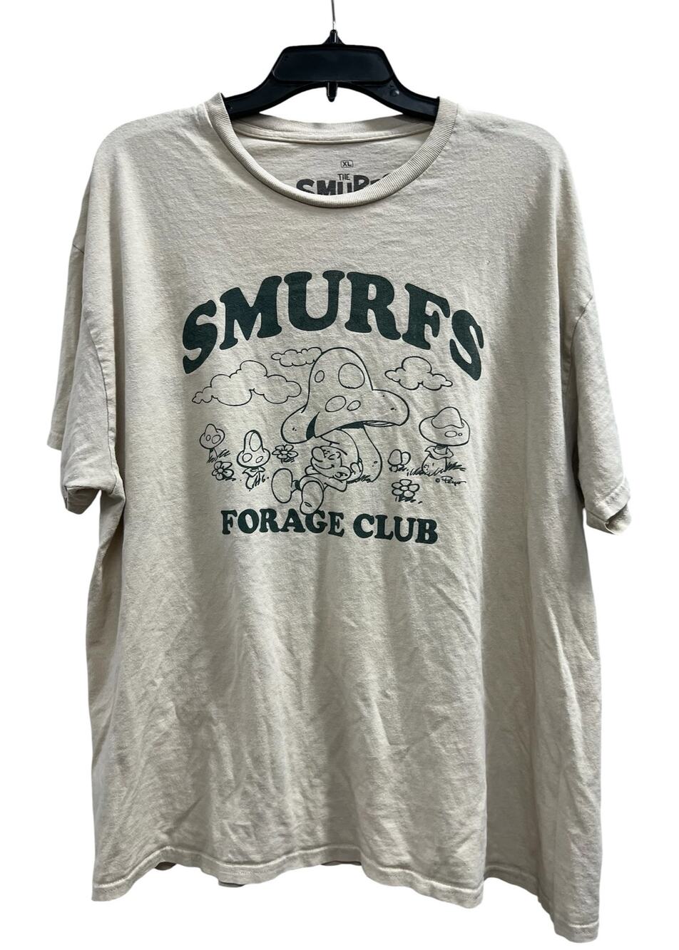 beige Smurfs "Forage Club" tee dark green graphic of a Smurf mushroom SZ XL